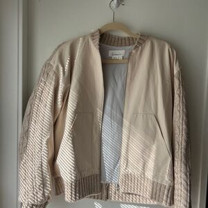 Anthropologie Beige Bomber Jacket with Cable Knit Sleeves